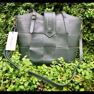 Unica! Firenze Green Italian Leather Handbag/Tote-Woven Bag-NWT